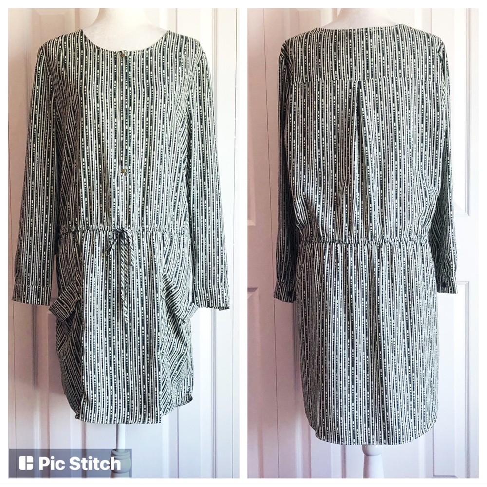 Gap Green Geo Stripe Long Sleeve Drawstring Dress with Pockets XL